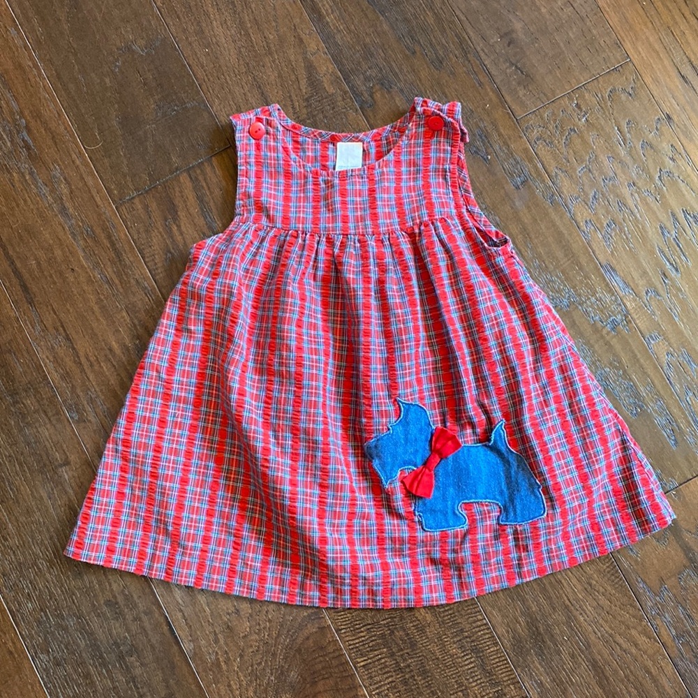 24 mo vintage Christmas plaid Scottie dog jumper dress w/ yoke & button straps